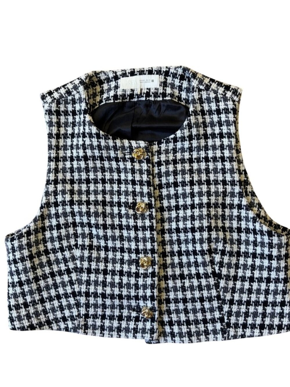 Zara Y2K Tweed Houndstooth Vest Womens Large Black Dark Academia Old Money Edgy